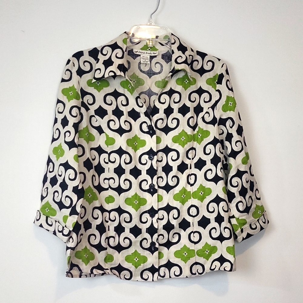 DAVID BROOKS Black Green Beige Linen Artsy V-Neck 3/4 Sleeve Blouse